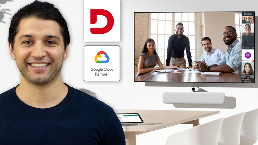 Linksstehend Mitarbeiter Mejid Bihmann, daneben die Google Cloud Zertifizierung, im Hintergrund ein Meetingraum mittlerer Größe