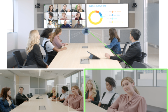 Abbildung der Funktionsweise des Zoom AI directors, mehrere Personen in einem mittelgroßen Konferenzraum in einem hybriden Call 
