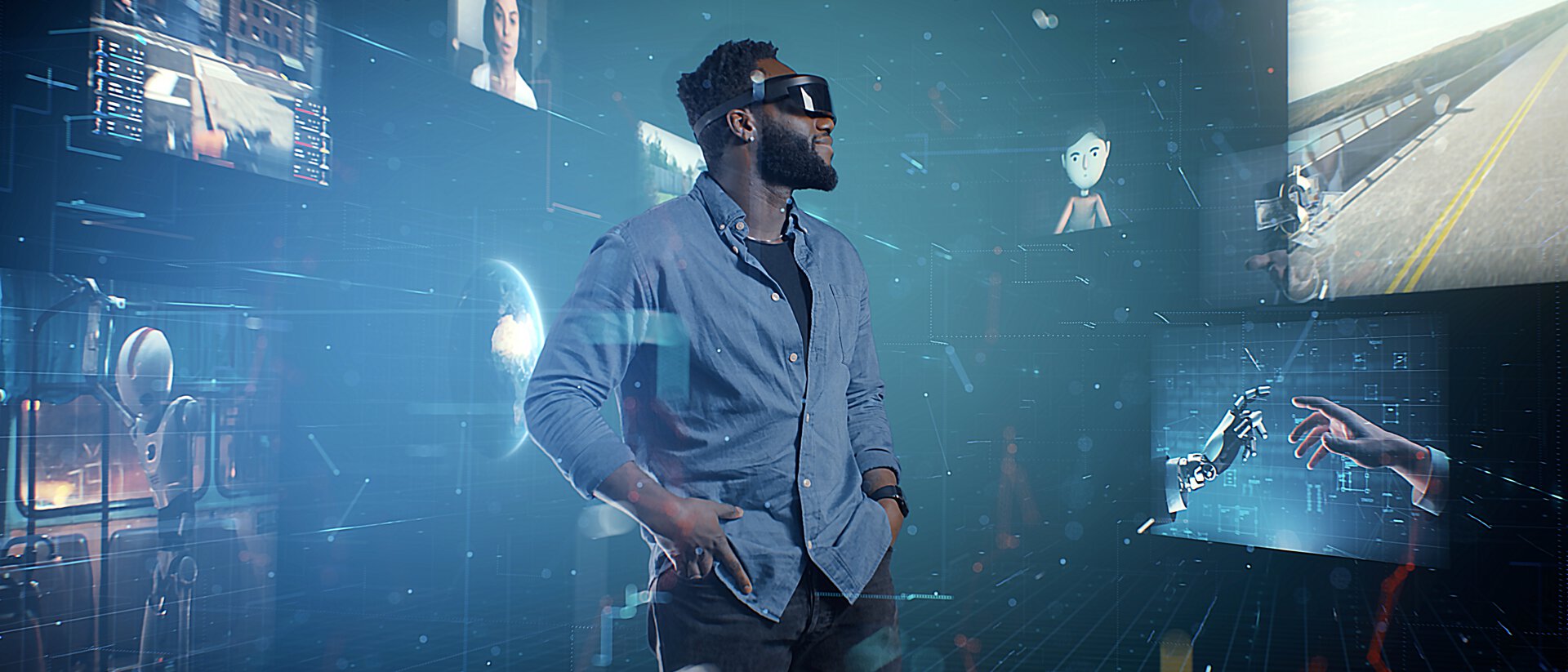 Mann mit Virtual Reality Brille, Apple Vision Pro, steht in einem Raum mit viel Blau, um Ihn herum sind Bilder eingeblendet, die er sieht, eine Menschliche Hand und eine Roboterhand, die sich am Finger berühren, eine Straße, die Bilder drücken Fortschrittlichkeit aus 