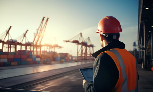 Ein Bauarbeiter mit Helm, der mit einem Tablet in der Hand auf eine Baustelle schaut