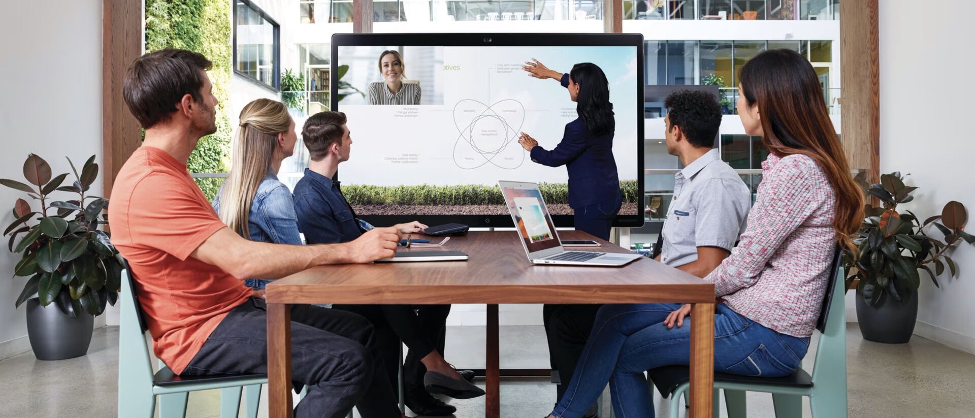 Fünf Personen sitzen an einem großen Tisch im Hybriden Meeting, eine Person zeigt etwas am Bildschirm, eine Person nimmt virtuell teil