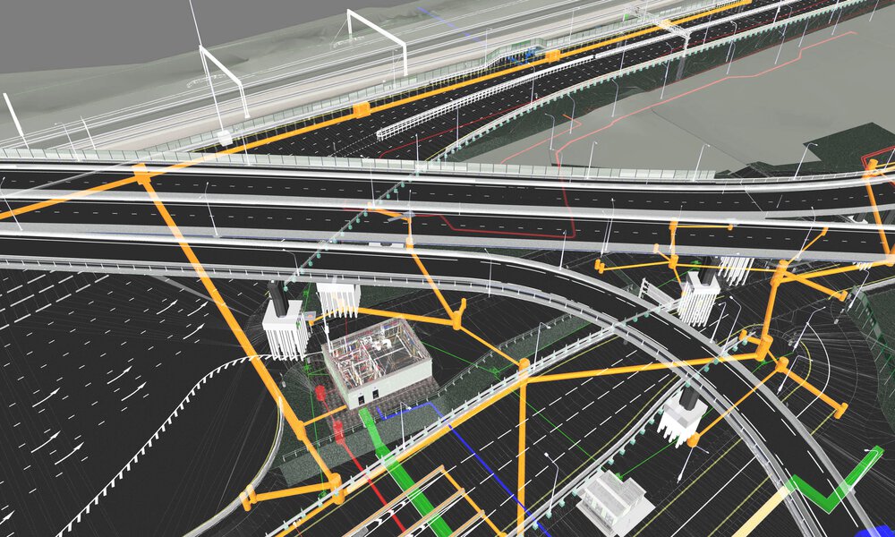 Eine 3D Grafik von einem virtuellem Bahnnetz, dass auf und unter einer Brücke verläuft
