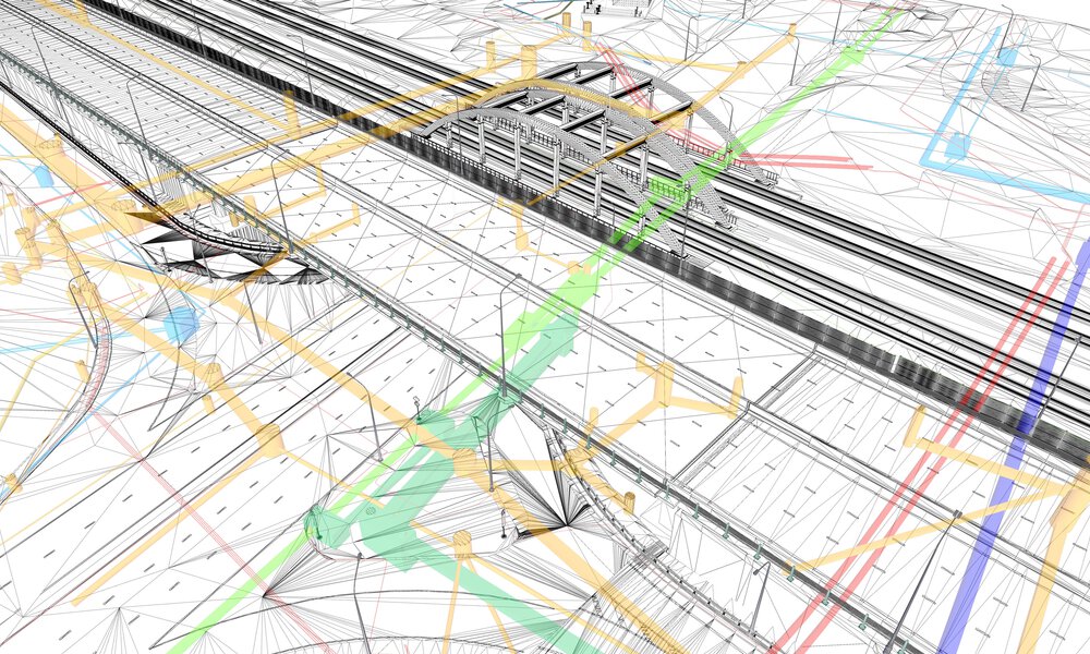Eine 3D Grafik von einem virtuellem Bahnnetz das auf und unter einer Brücke verläuft