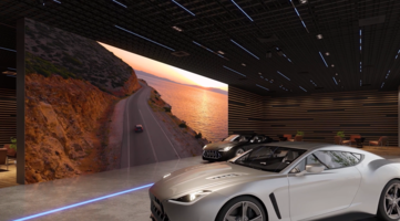 Elegantes Autohaus, vor dem Auto ist die SONY Crystal LED in einer LED-Wall Verbaut, auf der Werbevideos vom Auto laufen