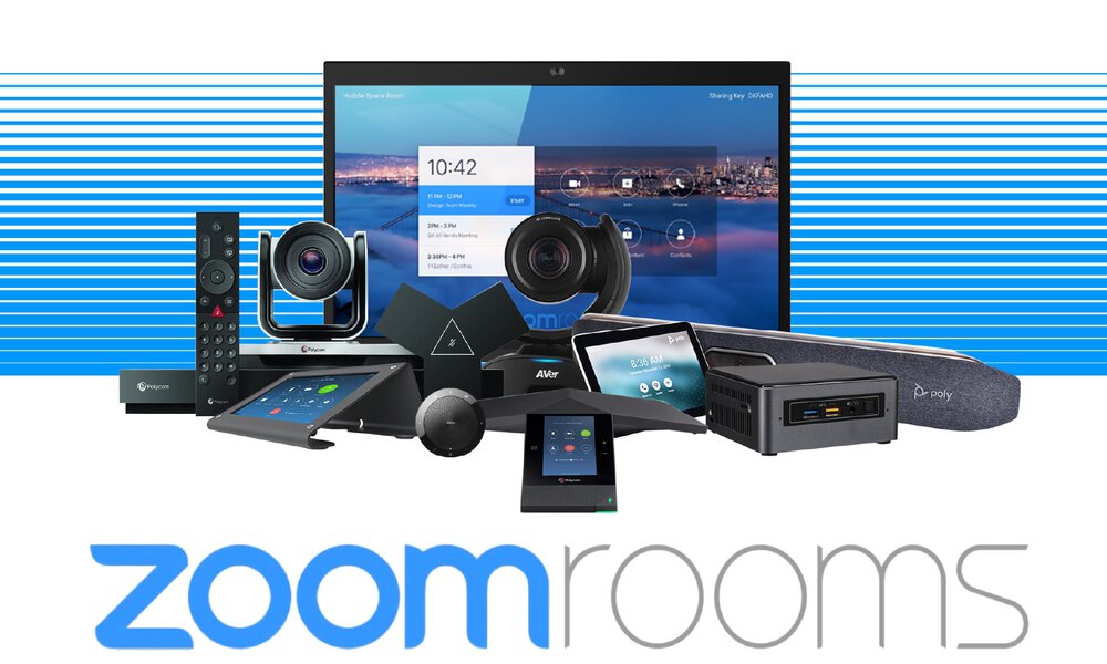 Abbildung verschiedener Geräte, Bildschirm, Kamera, Mikrofonie, Audio, alle Geräte zertifiziert für Zoom Rooms, native Zoom Videokonferenz mit zertifizierter Hardware